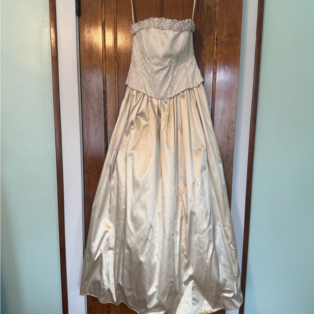 Bari Jay Cream Ruched Pleated Gown for Prom